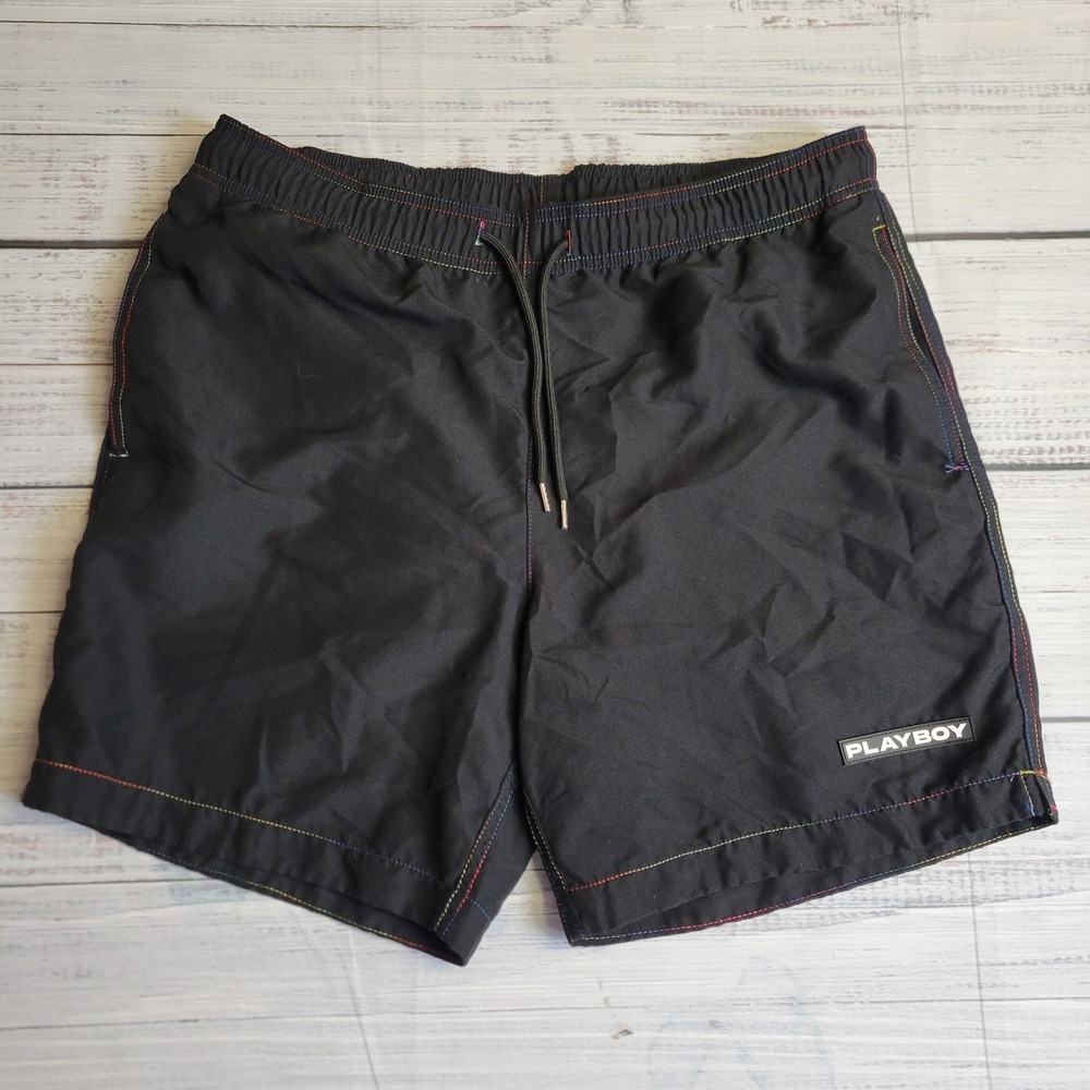 Playboy Pacsun Swim Shorts Mens‎ Medium Black With Liner Drawstring Y2K Bunny